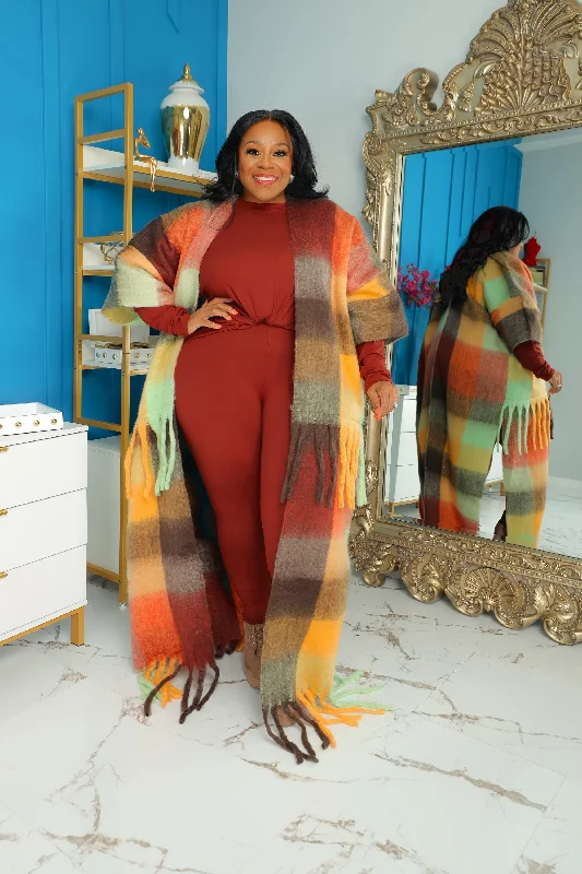 Kimono with Luxurious Details-Rust Colorblock Tassel Fuzzy Coat
