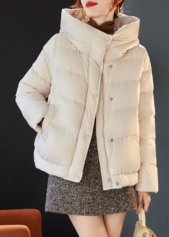 Women's Thermal Down Coat-Stylish Beige Hooded Duck Down Puffer Coat Winter