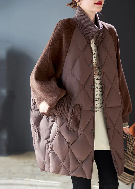 Women's Warm Winter Coat with Down-Stylish Brown Oversized Patchwork Woolen Fine Cotton Filled Jackets Winter Women's Warm Winter Coat with Down-Stylish Brown Oversized Patchwork Woolen Fine Cotton Filled Jackets Winter