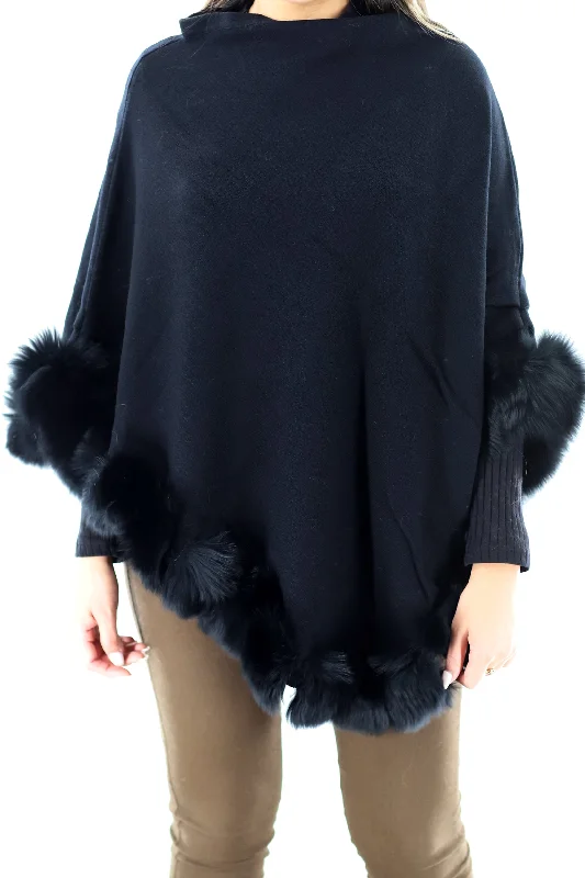 Women's Short Cloak-Stylish Poncho with Fur Trimming - Black