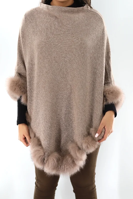 Women's Cloak for Street Style-Stylish Poncho with Fur Trimming - Camel