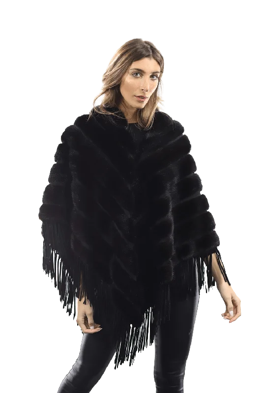 Women's Cloak with Layered Sleeves-Tonal Ribbed Mink Poncho with Leather Fringes - Black Women's Cloak with Layered Sleeves-Tonal Ribbed Mink Poncho with Leather Fringes - Black