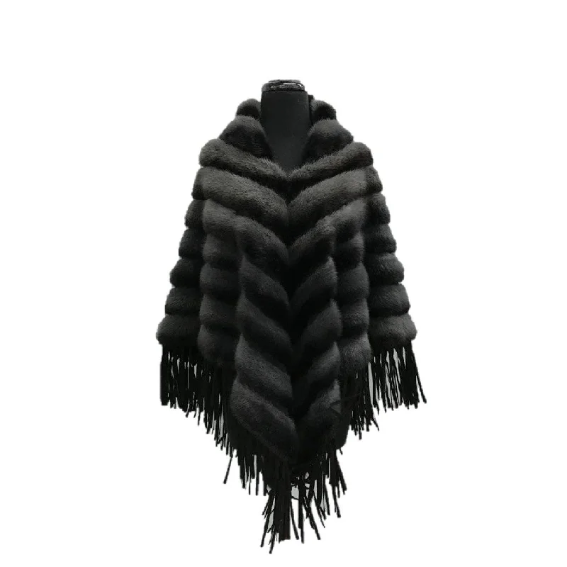 Women's Cloak with Wrap Design-Tonal Ribbed Mink Poncho