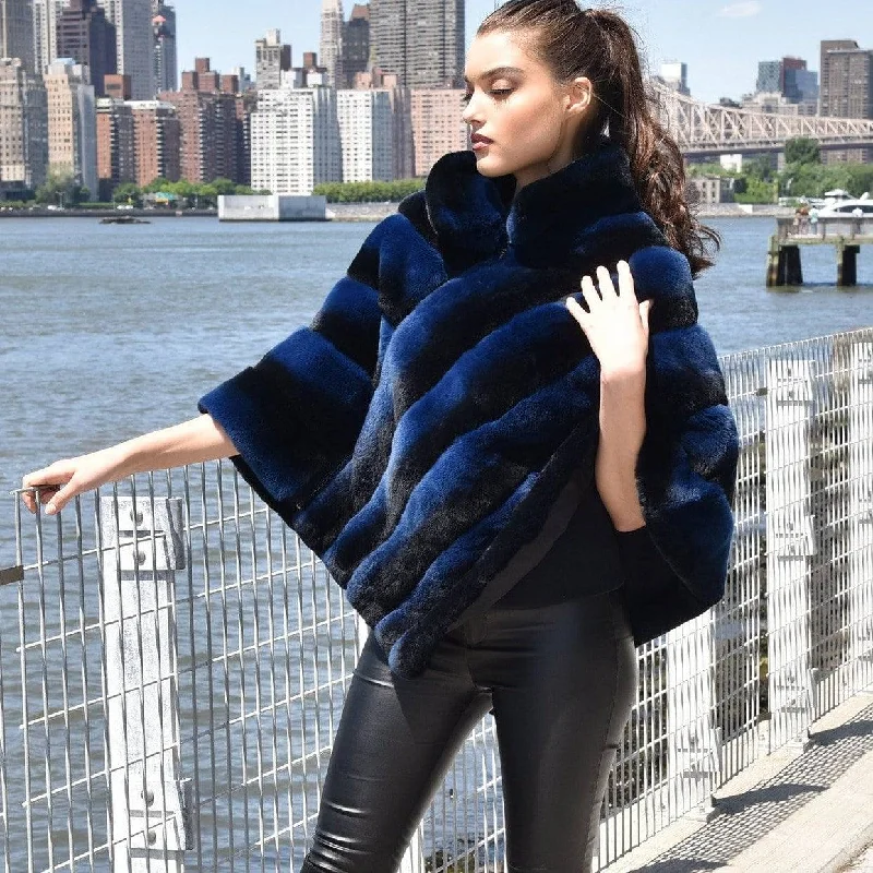 Women's Cloak for Travel Style-Two Tone Rex Rabbit Poncho Wtih Zipper