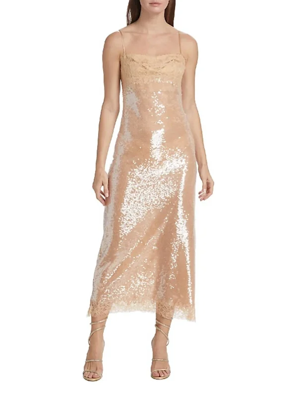 Slip Dress with Layered Fabric -Women's Long Satin Slip Dress -Valentina Lace Trim Sequin Midi Slip Dress In Ginger Root Slip Dress with Layered Fabric -Women's Long Satin Slip Dress -Valentina Lace Trim Sequin Midi Slip Dress In Ginger Root
