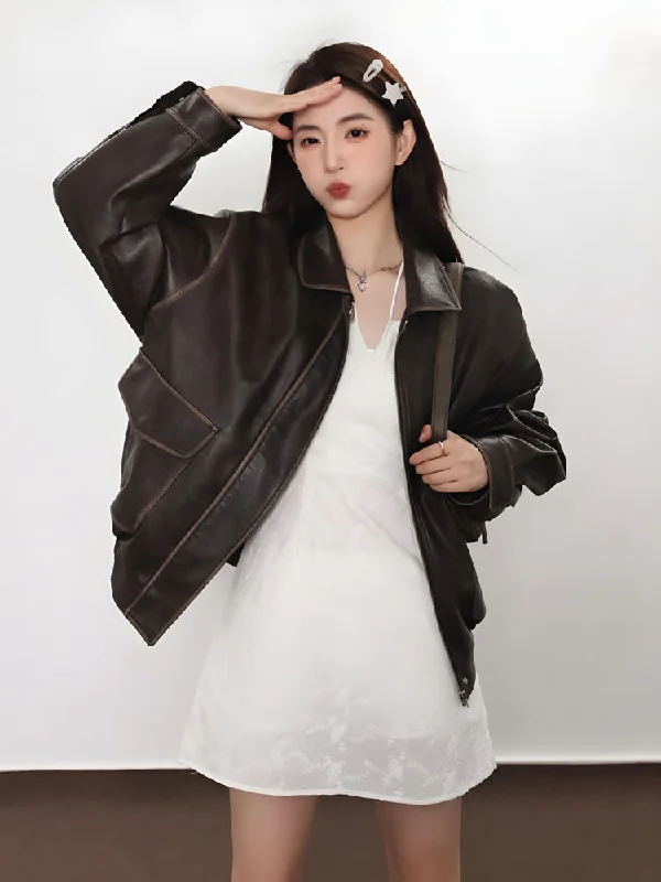 Women's Jackets with Functional Design-Vintage Faux Leather Jacket