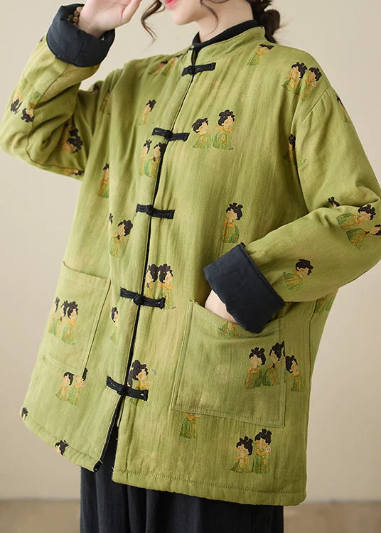 Women's Down Coat for Layered Looks-Vintage Green Stand Collar Print Pockets Parkas Winter Women's Down Coat for Layered Looks-Vintage Green Stand Collar Print Pockets Parkas Winter