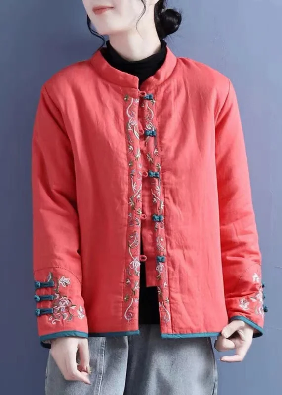 Women's Down Coat for Urban Living-Vintage Orange Embroidered Button Cotton Filled Coats Winter Women's Down Coat for Urban Living-Vintage Orange Embroidered Button Cotton Filled Coats Winter