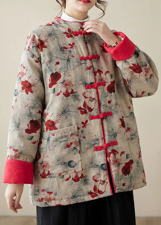 Women's Down Coat for Fashion-Vintage Print Button Pockets Thick Parka Stand Collar Winter Women's Down Coat for Fashion-Vintage Print Button Pockets Thick Parka Stand Collar Winter