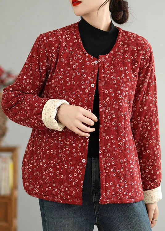 Women's Warm Quilted Down Coat-Vintage Red O Neck Button Print Thick Coats Winter