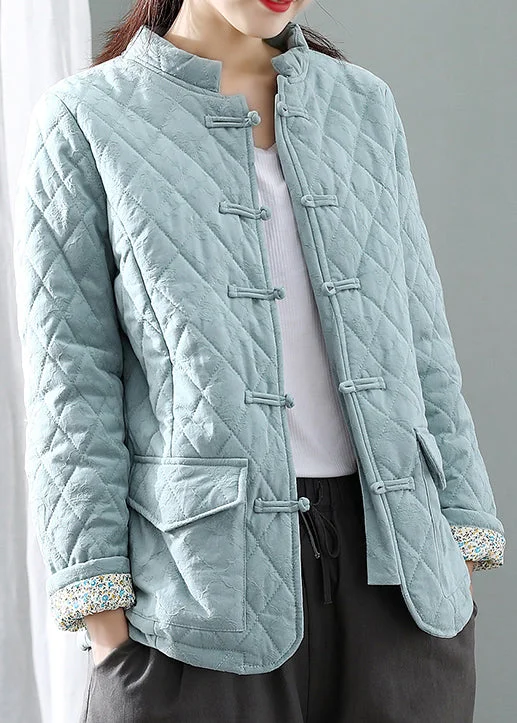 Women's Down Coat with Button Front-Women Blue Stand Collar Plaid Button Thick Parka Winter Women's Down Coat with Button Front-Women Blue Stand Collar Plaid Button Thick Parka Winter