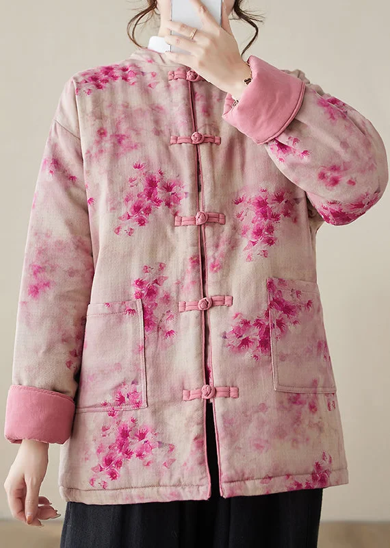 Women's Fashion Down Coat for Winter-Women Pink Print Button Pockets Cotton Filled Parkas Winter Women's Fashion Down Coat for Winter-Women Pink Print Button Pockets Cotton Filled Parkas Winter