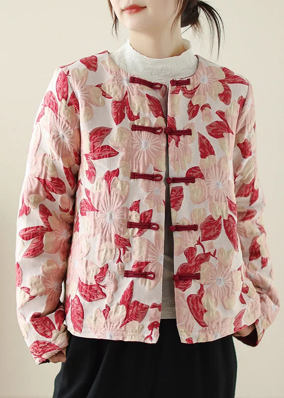Women's Slimming Down Coat-Women Red O Neck Print Button Pockets Thick Coats Winter