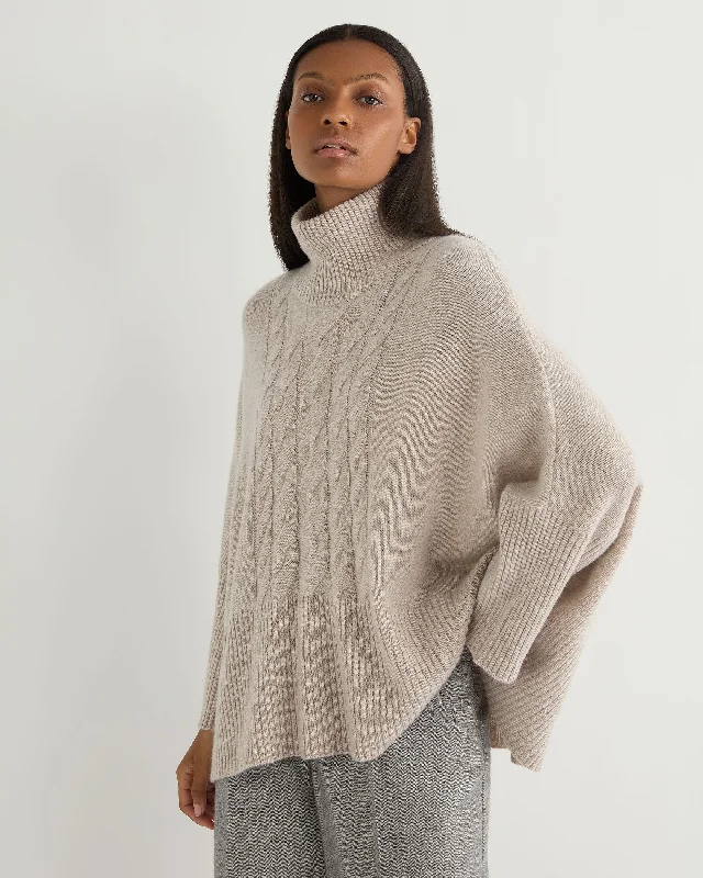 Women's Cloak for Evening Wear-Women's Cable Cashmere Poncho Sand Brown