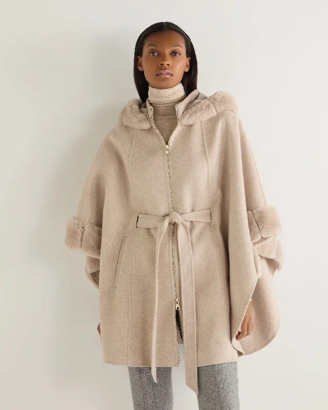 Women's Velvet Cloak with Hood-Women's Poppy Cape With Fur Trim Ecru White