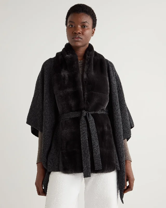 Women's Cloak with Geometric Design-Women's Isabella Fur Trim Cashmere Cape Dark Charcoal Grey