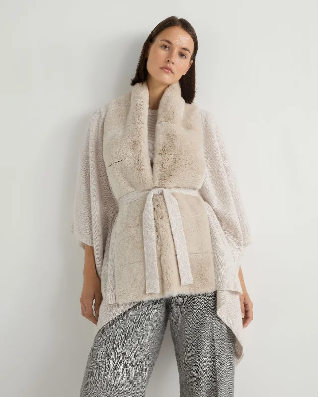 Women's Cloak with Wrap Around Style-Women's Isabella Fur Trim Cashmere Cape Frost White