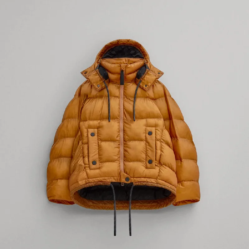Women's Down Coat with Fur Collar-Women's Inferno Yellow Hooded Puffer Jacket