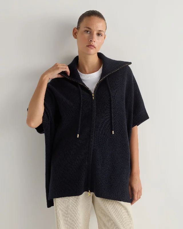 Women's Cloak for Outdoor Wear-Women's Milano Knitted Cashmere Cape Navy Blue