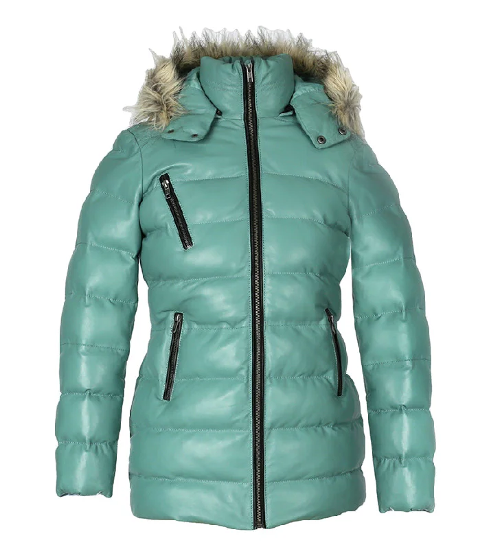 Women's Insulated Down Coat-Womens Selina Puffer Leather Jacket with Fur Hoodie (Cyan) Women's Insulated Down Coat-Womens Selina Puffer Leather Jacket with Fur Hoodie (Cyan)
