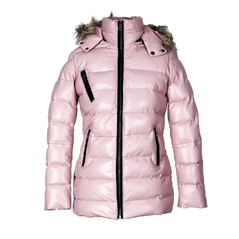 Women's Down Coat for Cold Weather-Womens Selina Puffer Leather Jacket with Fur Hoodie (Pink) Women's Down Coat for Cold Weather-Womens Selina Puffer Leather Jacket with Fur Hoodie (Pink)