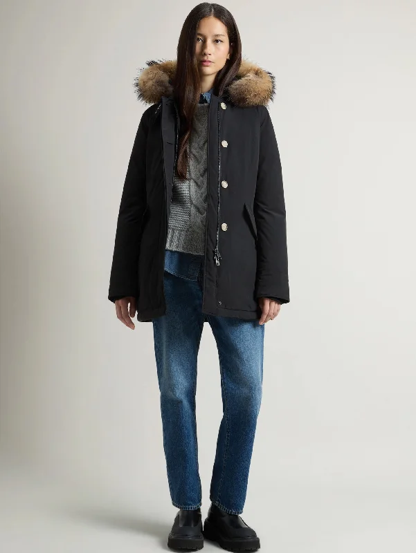 Women's Down Coat with Stand Collar-Giaccone Luxury Parka con Pelliccia Nero