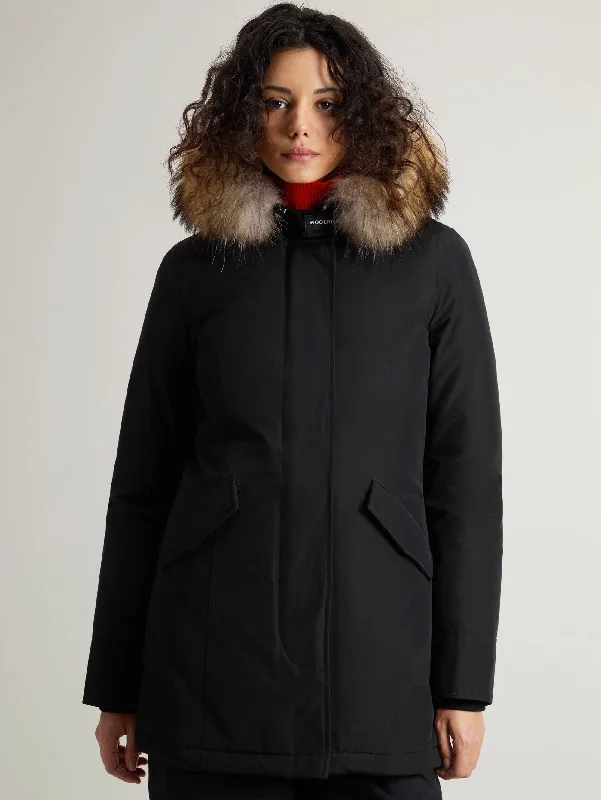 Women's Down Coat with Side Slits-Parka Arctic con Cappuccio in Raccoon Nero