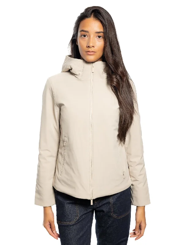 Women's Down Coat for Wind Protection-Parka Corto Antivento Beige
