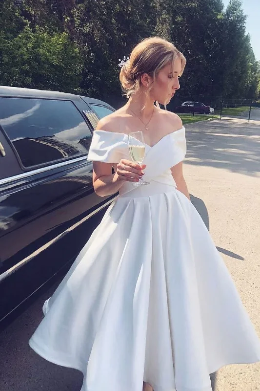 Wedding Dresses with Draped Bodice for Flattering Effect -A Line Ankle Length Homecoming Dress, Ivory Off Shoulder Satin Short Wedding Dresses  gh1630