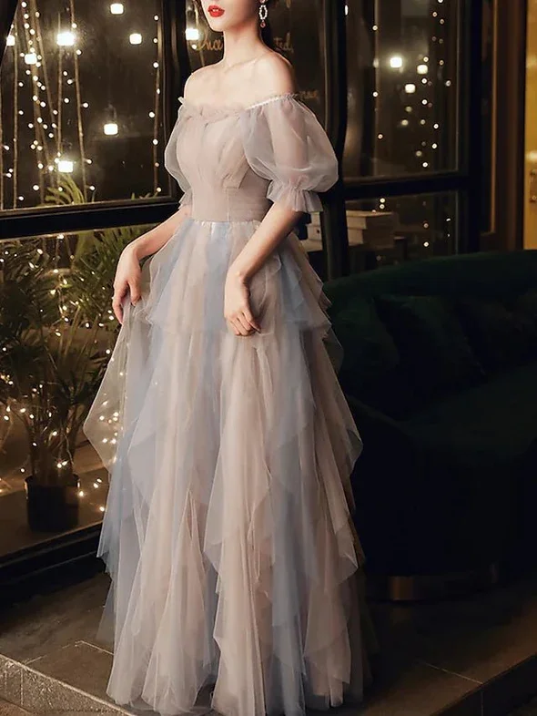 Wedding Dresses with Lacy Bodice for Romantic Style -A-Line Prom Dresses Color Block Dress Wedding Party Floor Length Half Sleeve Scoop Neck Tulle with Pleats Ruffles gh2228