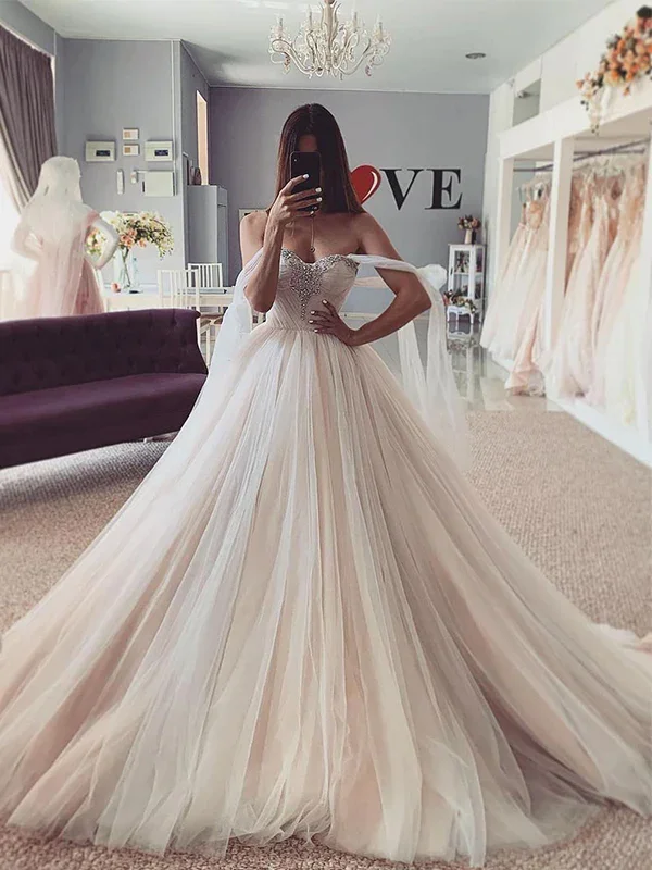 Elegant Wedding Dresses for Classic Brides -Ball Gown Sweetheart Tulle Beading Sleeveless Court Train Wedding Dresses gh1115