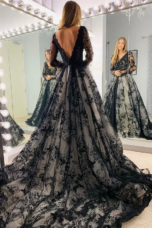 Custom-Made Wedding Dresses for Personalized Style -Black Appliques Illusion Long Sleeves Deep V Neck Long Wedding Dress gh2759