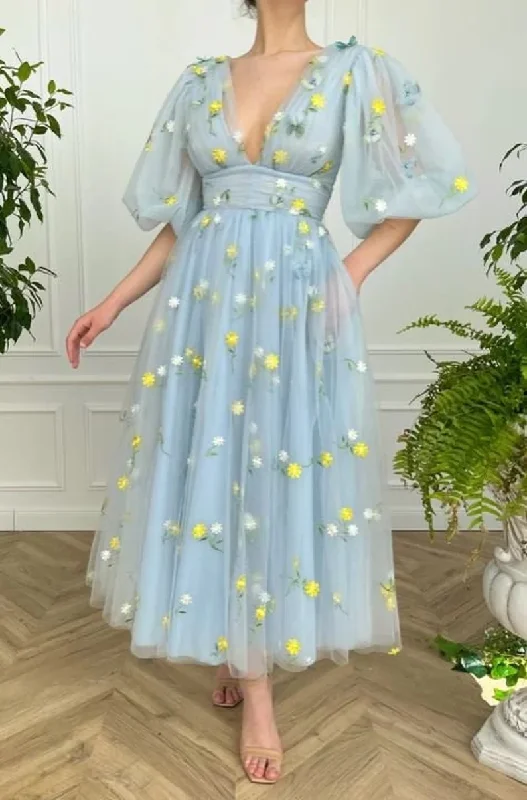 Bohemian Bridal Gowns with Floral Lace for Soft Vibe -Blue floral tulle dress, Tulle dress prom, V-Neck puff sleeves prom dress, Wedding dress, Bridesmaid dress, Mesh Princess Dress  gh1823