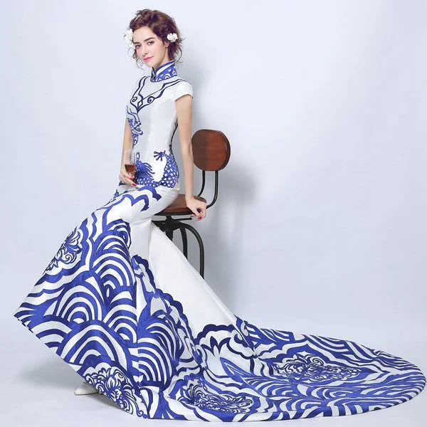 Bridal Dresses with Vintage Lace for Timeless Appeal -Blue & White Porcelain Pattern Chinese Style Wedding Dress with Cathedral Train