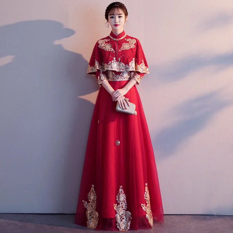 Short Train Wedding Dresses for Practical Brides -Bolero Top Floral Embroidery Tulle Skirt Chinese Wedding Dress