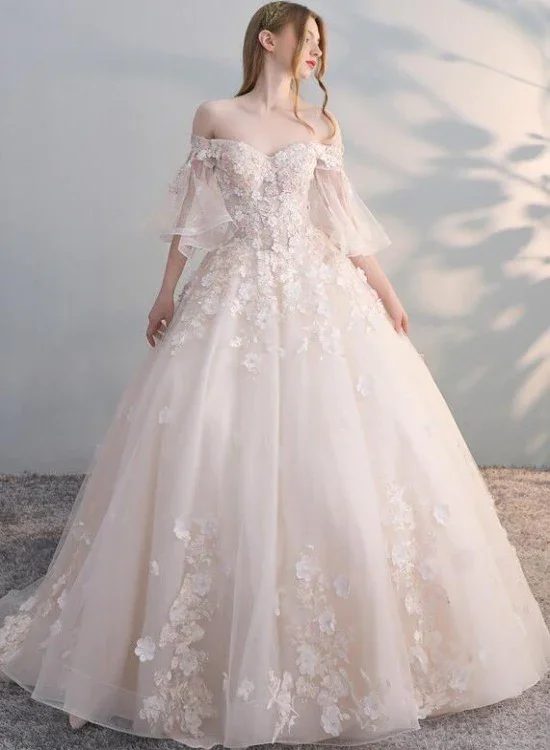 Lace Wedding Dresses with High Neck for Modest Elegance -Charming Flowers Lace Off Shoulder Ball Gown Wedding Party Dress, Tulle Long Prom Dress gh2128