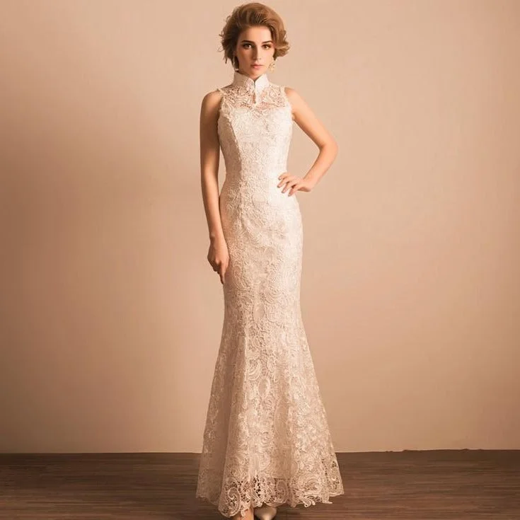 Cheongsam with Floral Embroidery -Cheongsam Style Floral Lace Chinese Wedding Dress Evening Gown Cheongsam with Floral Embroidery -Cheongsam Style Floral Lace Chinese Wedding Dress Evening Gown