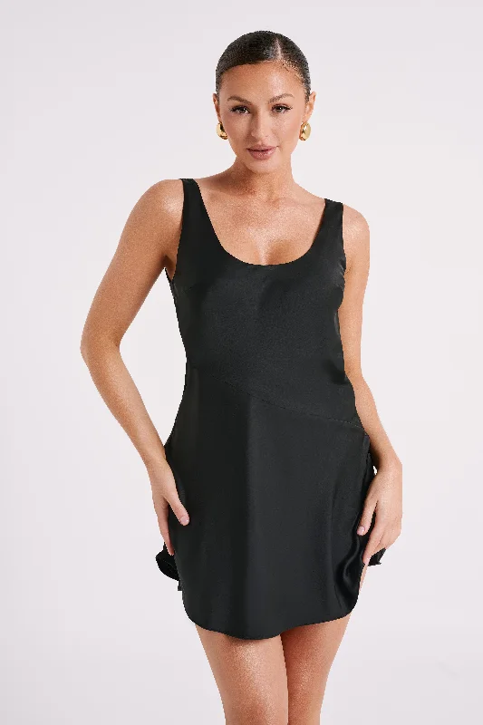 Slip Dress with Slip-on Design -Silk Red Slip Dress for Evening -Enya Satin Slip Mini Dress - Black