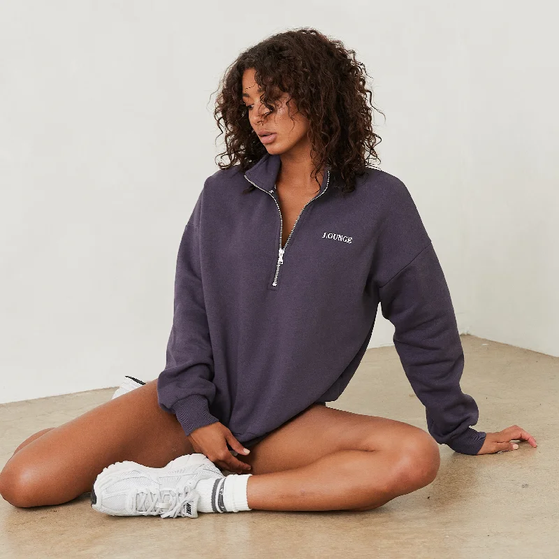 Women's Knit Sweater with Bright Colors -Essential Oversized Quarter Zip Sweater - Smoked Blue