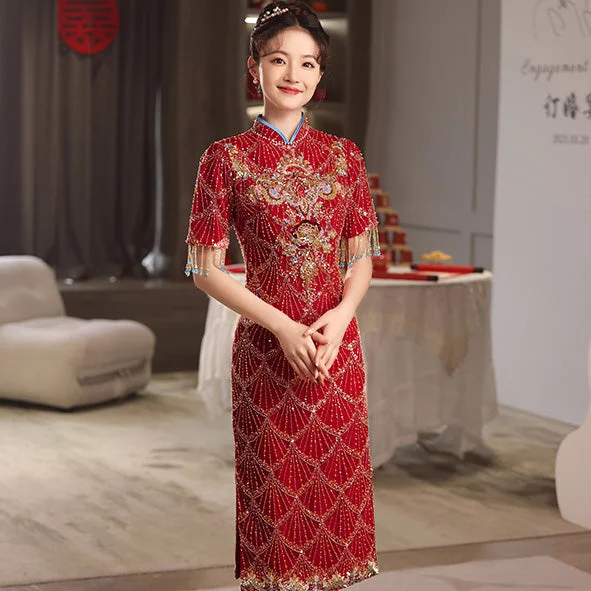 Custom Cheongsam Dresses for Events -Floral Sequin Elegant Cheongsam Toasting Dress Wedding Gown with Tassels Custom Cheongsam Dresses for Events -Floral Sequin Elegant Cheongsam Toasting Dress Wedding Gown with Tassels