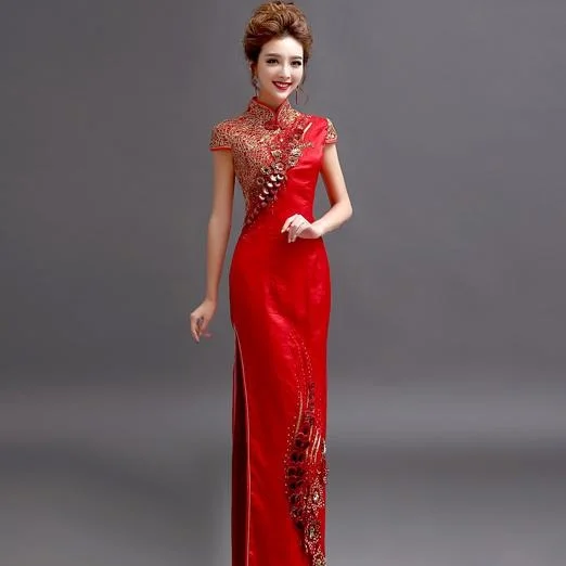 Black Cheongsam Dress for Evening Wear -Floral Sequins Cap Sleeve Long Cheongsam Chinese Wedding Dress Black Cheongsam Dress for Evening Wear -Floral Sequins Cap Sleeve Long Cheongsam Chinese Wedding Dress