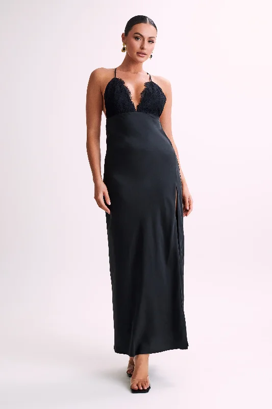Slip Dress for Chic Look -Off-shoulder Black Satin Slip Dress -Gina Satin Slip Maxi Dress With Lace - Black Slip Dress for Chic Look -Off-shoulder Black Satin Slip Dress -Gina Satin Slip Maxi Dress With Lace - Black