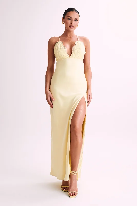 Classic Slip Dress with Satin Finish -Women's Satin Slip Dress for Bridal Shower -Gina Satin Slip Maxi Dress With Lace - Lemon Classic Slip Dress with Satin Finish -Women's Satin Slip Dress for Bridal Shower -Gina Satin Slip Maxi Dress With Lace - Lemon