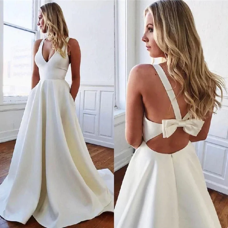 Couture Wedding Dresses for Exclusive Style -Halter Natural Waist Sweep Train Satin A Line Bowknot Back Wedding Dresses  gh1148