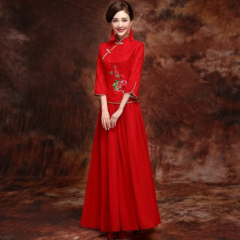 Traditional Chinese Cheongsam -Lace Cheongsam Top Chiffon Skirt Chinese Wedding Dress Traditional Chinese Cheongsam -Lace Cheongsam Top Chiffon Skirt Chinese Wedding Dress
