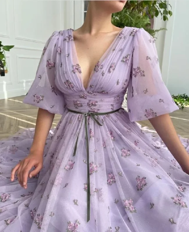 Wedding Dresses with Lace Insets for Subtle Detail -Lavender tulle prom dress, Tulle dress prom, V-Neck puff sleeves prom dress, Wedding dress, Bridesmaid dress,Mesh Princess Dress,Plus size  gh1822
