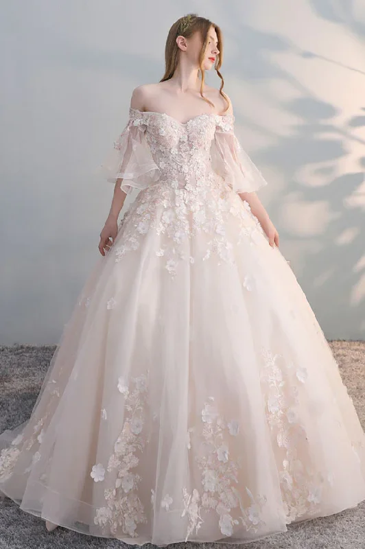 Bohemian Lace Wedding Dresses for Free-Spirited Brides -LIGHT CHAMPAGNE TULLE LACE APPLIQUE LONG PROM DRESS, CHAMPAGNE WEDDING DRESS  gh2281