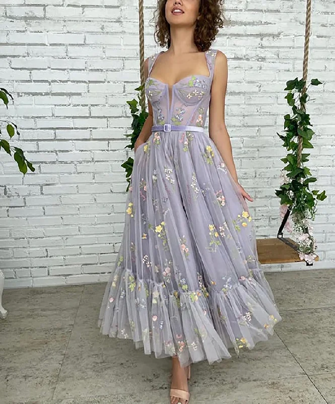 Wedding Dresses with Empire Waistline for Flattering Effect -Lilac Embroidery Flowers Tulle Prom Dress, Sweetheart Straps Tea-Length Tulle Ball Gown Wedding Dress, Fairy Prom Dress gh1820