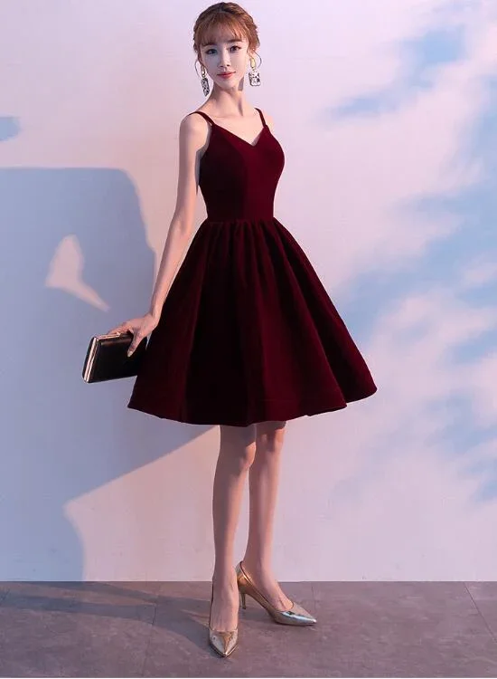 Wedding Dresses with Button Front for Classic Style -Lovely Velvet Burgundy Short Straps Homecoming Dress, Lovely Short Wedding Party Dress gh428 Wedding Dresses with Button Front for Classic Style -Lovely Velvet Burgundy Short Straps Homecoming Dress, Lovely Short Wedding Party Dress gh428