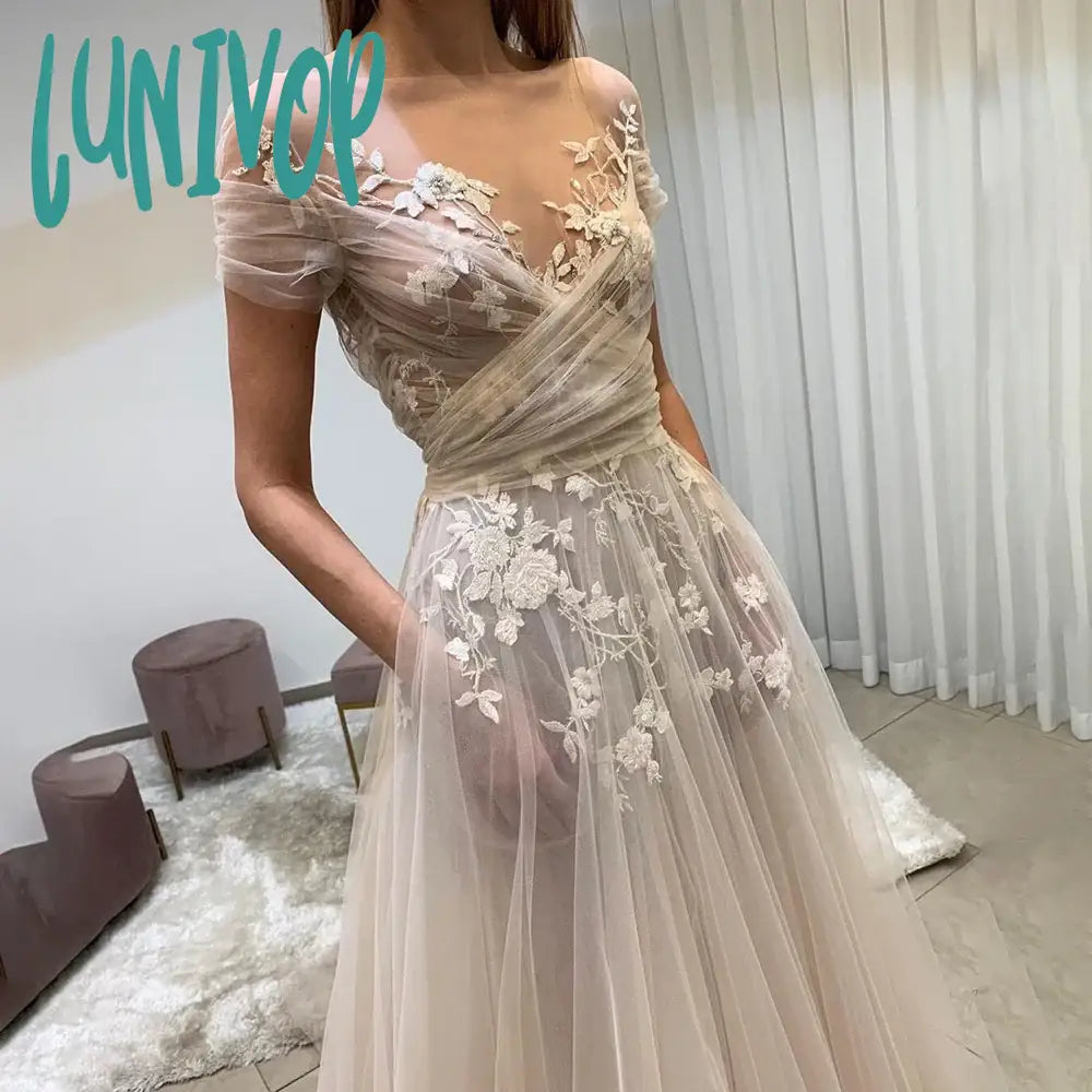 Wedding Dresses with Ruching for Flattering Shape -Lunivop A Line Boat Neck Wedding Dress For Women See Through Tulle Bridal Gown with Lace Floral Applique Floor length Homecoming Dresses